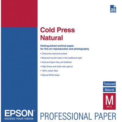 Epson Fine Art Cold Press Bright - Puuvilla - sile&auml; - A2 (420 x 594 mm) - 340 g/m&sup2; - 25 arkki (arkit) rag paper malleihin Stylus Pro 4900 Spectro_M1, SureColor