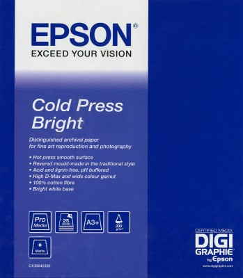 Epson Fine Art Cold Press Bright - Puuvilla - sile&auml; - A2 (420 x 594 mm) - 340 g/m&sup2; - 25 arkki (arkit) rag paper malleihin Stylus Pro 4900 Spectro_M1, SureColor