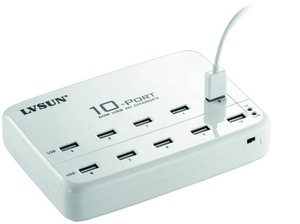 10-porttinen USB-laturi, 100-210V, 5V 1A x10, 5V 2,4A x5, 60W, valk
