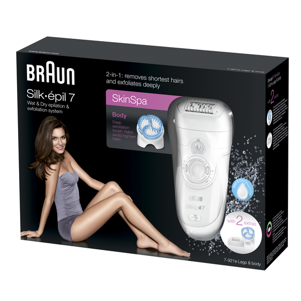 BRAUN EPILAATTORI SE7921E SPA Silk-&eacute;pil7 M&auml;rk&auml;- ja kuiva-ajoon tarkoitettu johdoton epilaattori, jossa on 2 lis&auml;osaa sis&auml;lt&auml;en ajop&auml;&auml;n lis&auml;ksi vartalon kuorinta