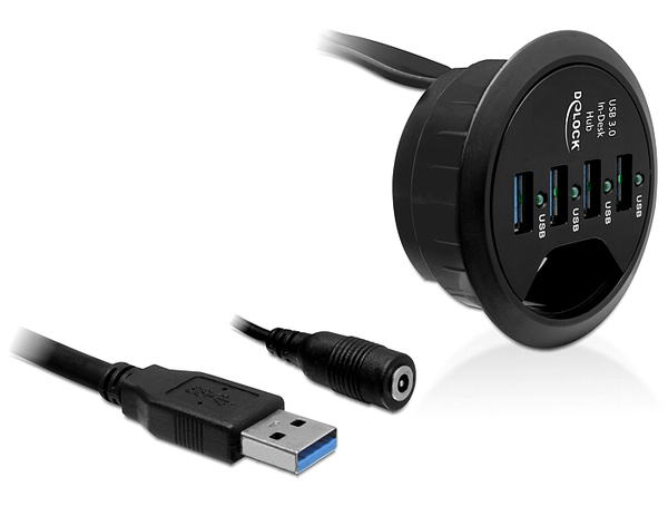 DeLOCK USB 3.0 hub f&ouml;r inbyggnad i bord, 4 portar, n&auml;tadapter, svart