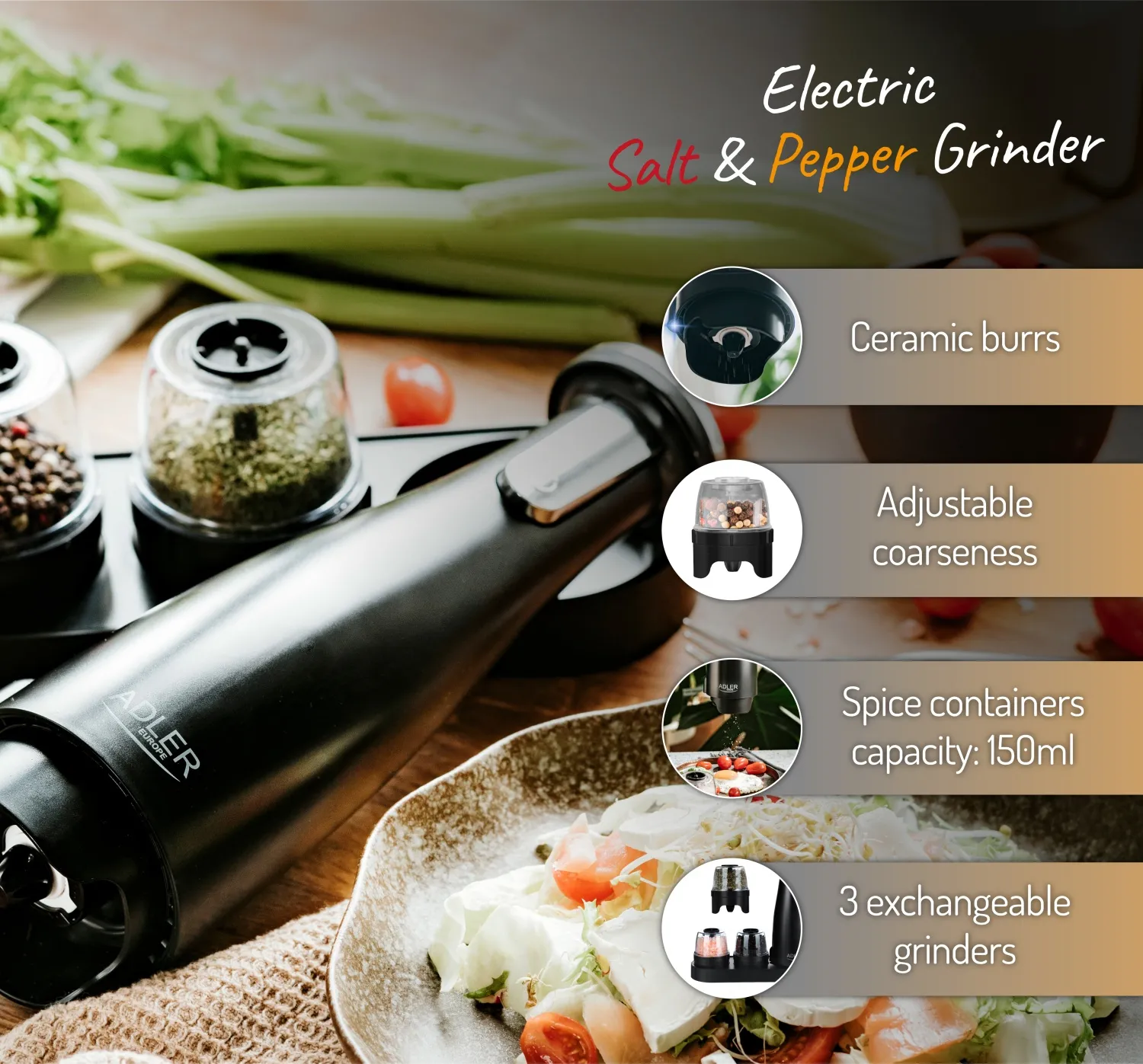 Adler AD 4449B Electric Salt and Pepper Grinder Set, Matte Black