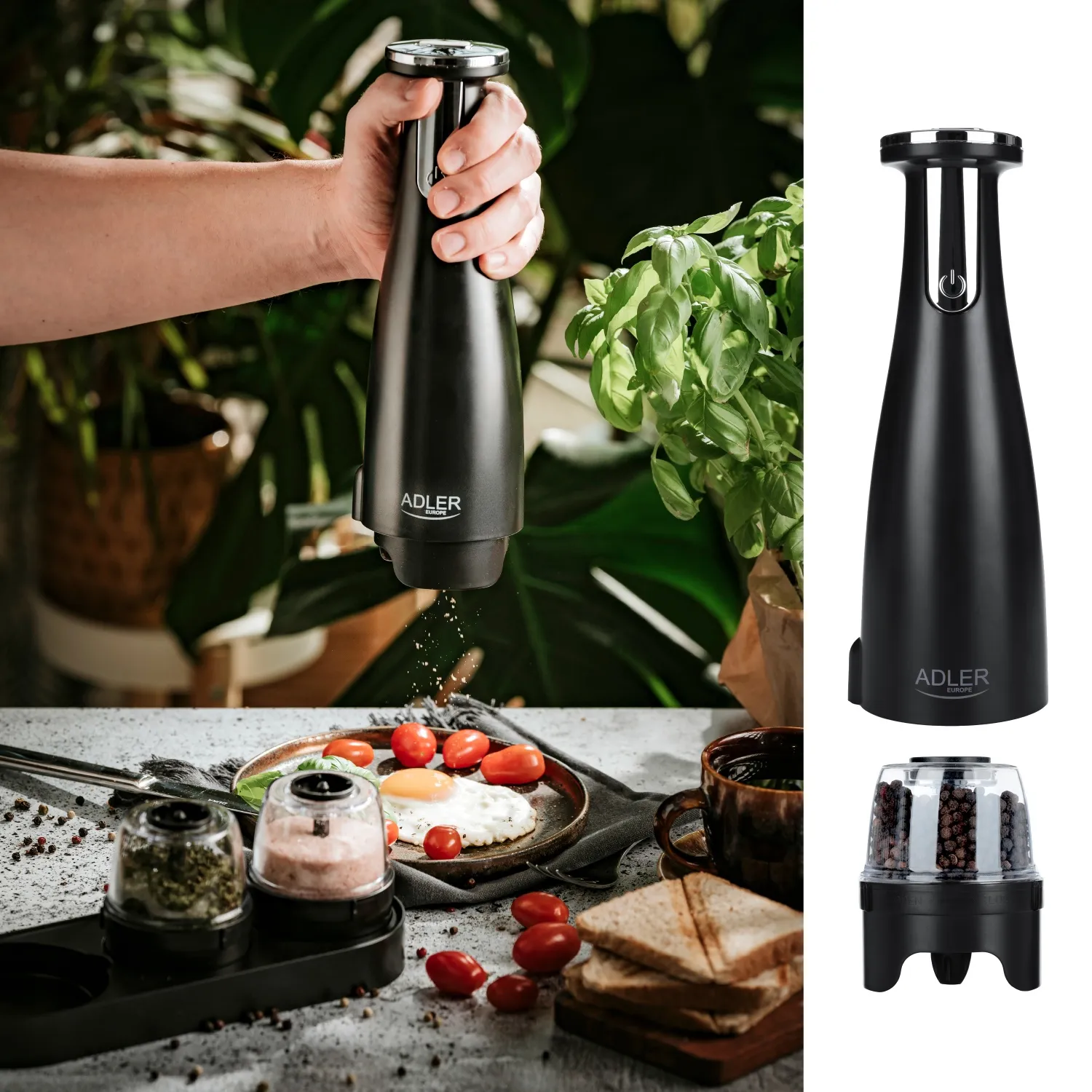 Adler AD 4449B Electric Salt and Pepper Grinder Set, Matte Black