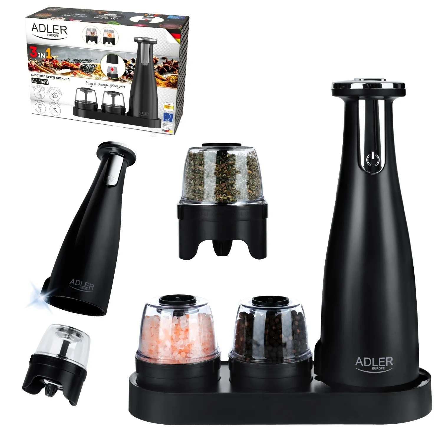 Adler AD 4449B Electric Salt and Pepper Grinder Set, Matte Black