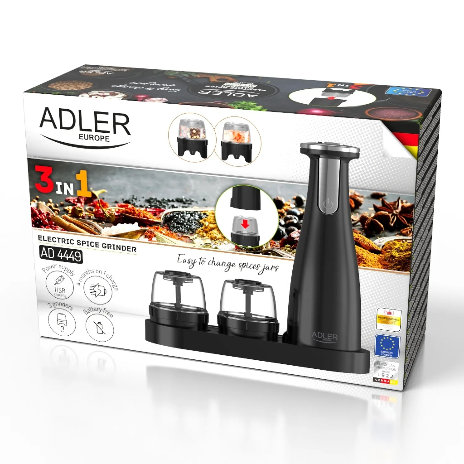 Adler AD 4449B Electric Salt and Pepper Grinder Set, Matte Black