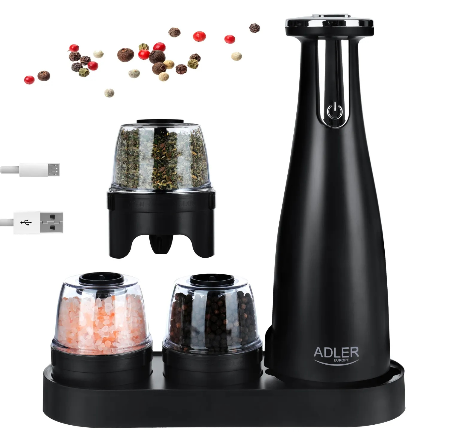 Adler AD 4449B Electric Salt and Pepper Grinder Set, Matte Black