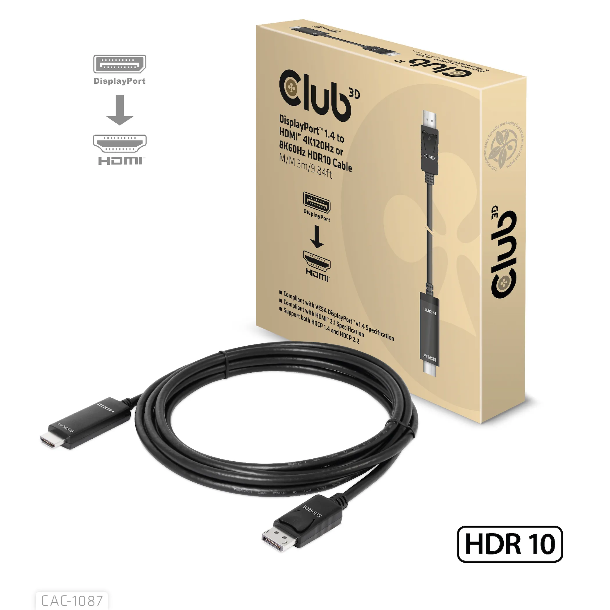 Club 3D DisplayPort 1.4 - HDMI - adaptercable, Black, 3m