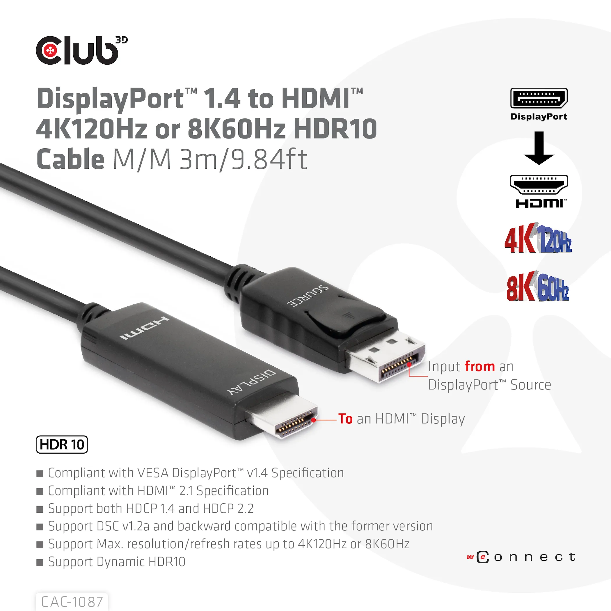 Club 3D DisplayPort 1.4 - HDMI - adaptercable, Black, 3m