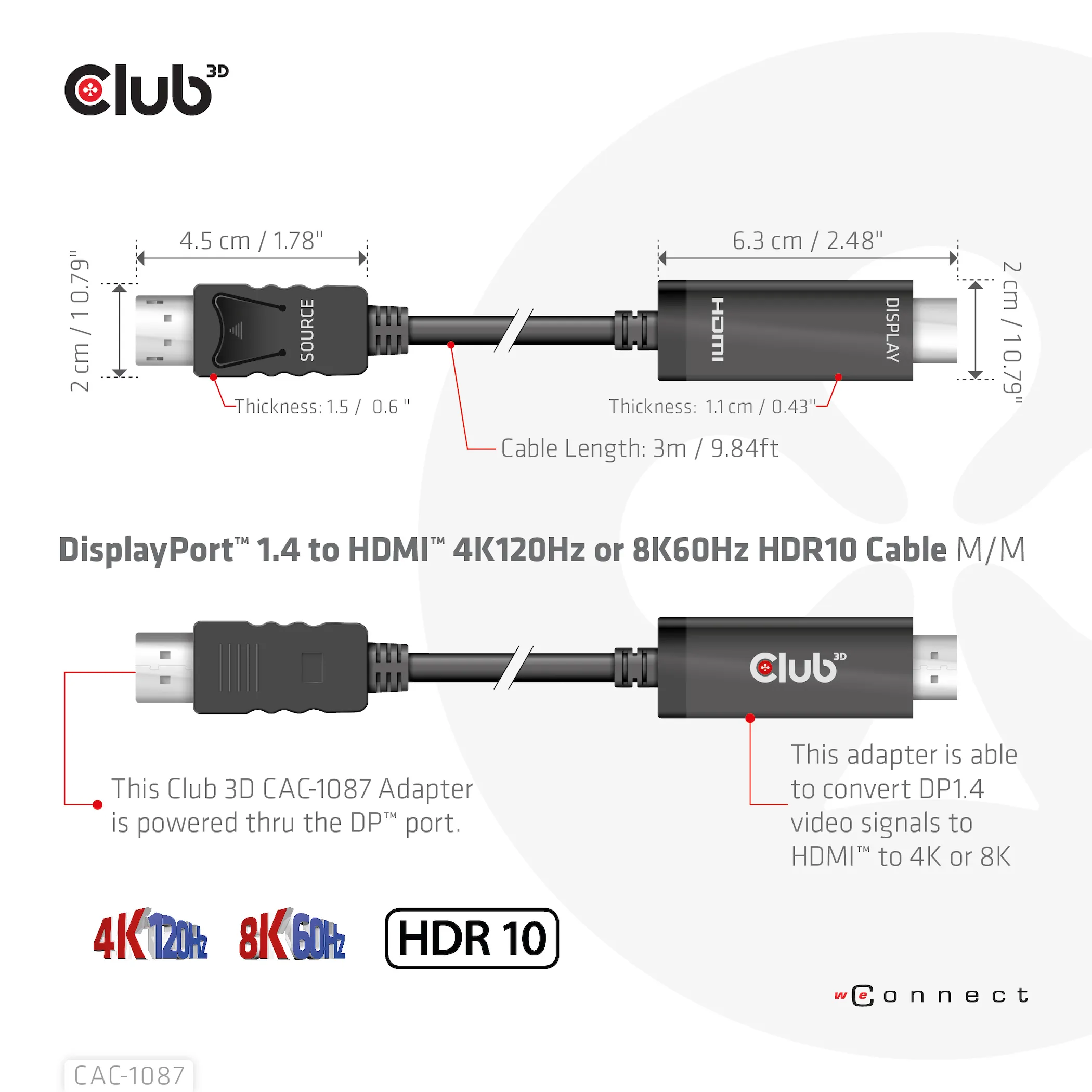 Club 3D DisplayPort 1.4 - HDMI - adaptercable, Black, 3m