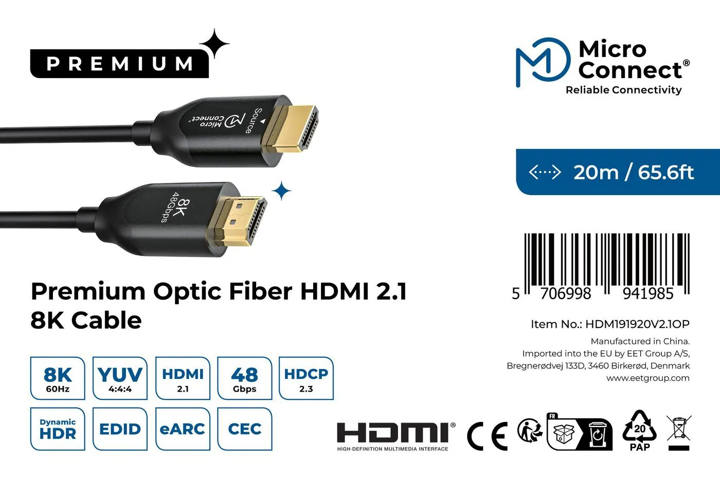 MicroConnect Premium Optic HDMI 2.1 kabel, med Ethernet, 8K, 20 m, svart