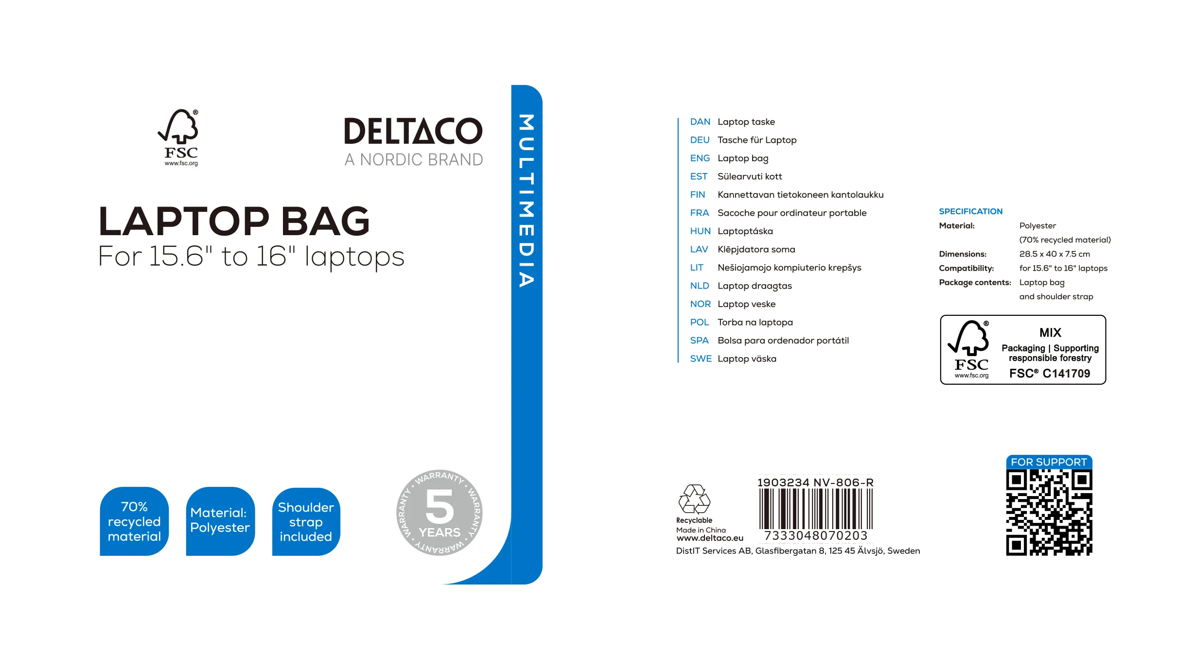 Deltaco Kierrätetystä polyesteristä -kannettavan laukku, Musta, 15.6"-16"