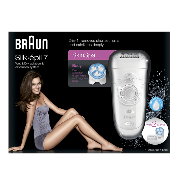 BRAUN EPILAATTORI SE7921E SPA Silk-&eacute;pil7 M&auml;rk&auml;- ja kuiva-ajoon tarkoitettu johdoton epilaattori, jossa on 2 lis&auml;osaa sis&auml;lt&auml;en ajop&auml;&auml;n lis&auml;ksi vartalon kuorinta
