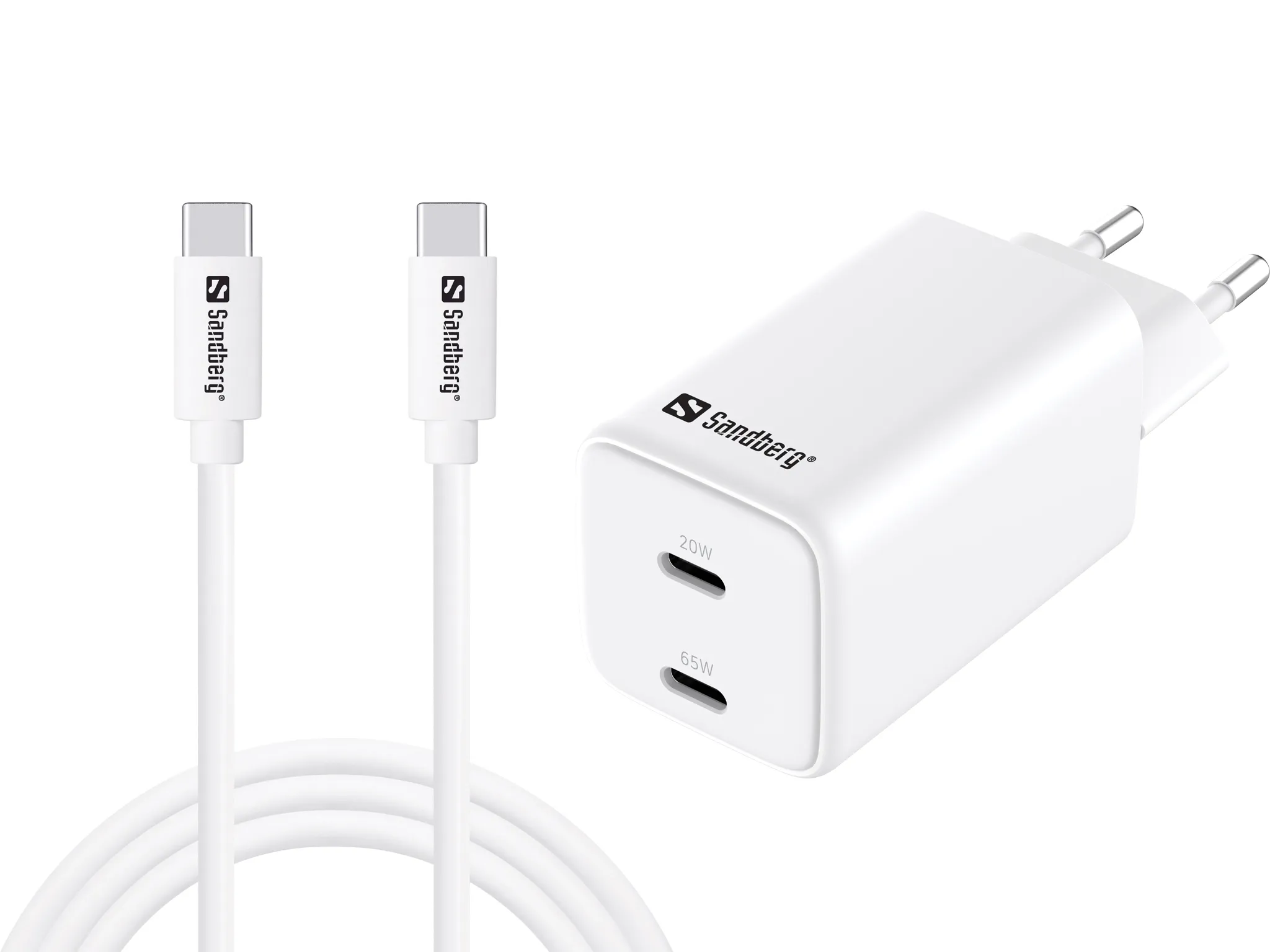 Sandberg AC Charger Dual USB-C PD65W EU 1.5m - USB-C-laturi, valkoinen