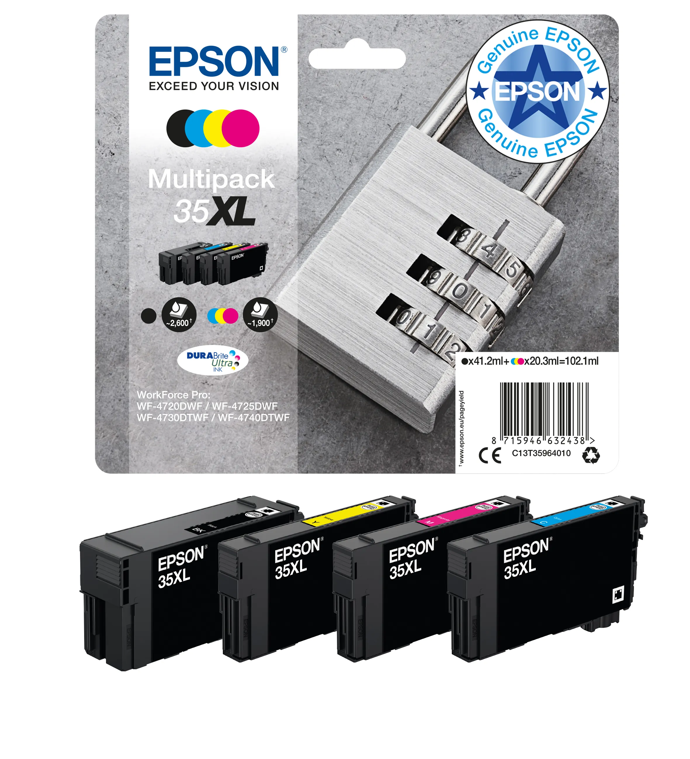 Epson 35XL DURABrite Ultra -mustekasettipakkaus, musta/syaani/magenta/keltainen, 4 kpl