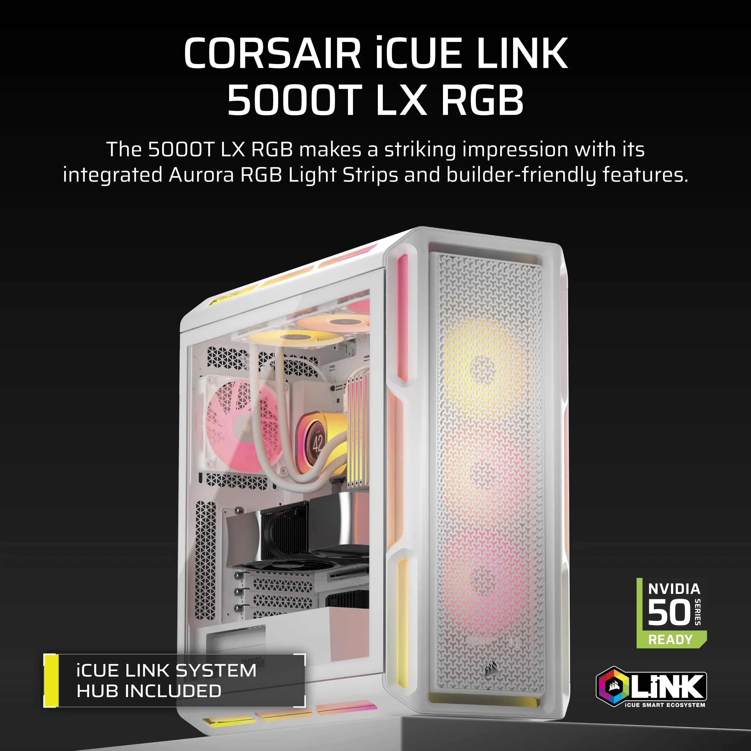 CORSAIR iCUE LINK 5000T LX Midi-Tower Case with window and RGB lighting, White