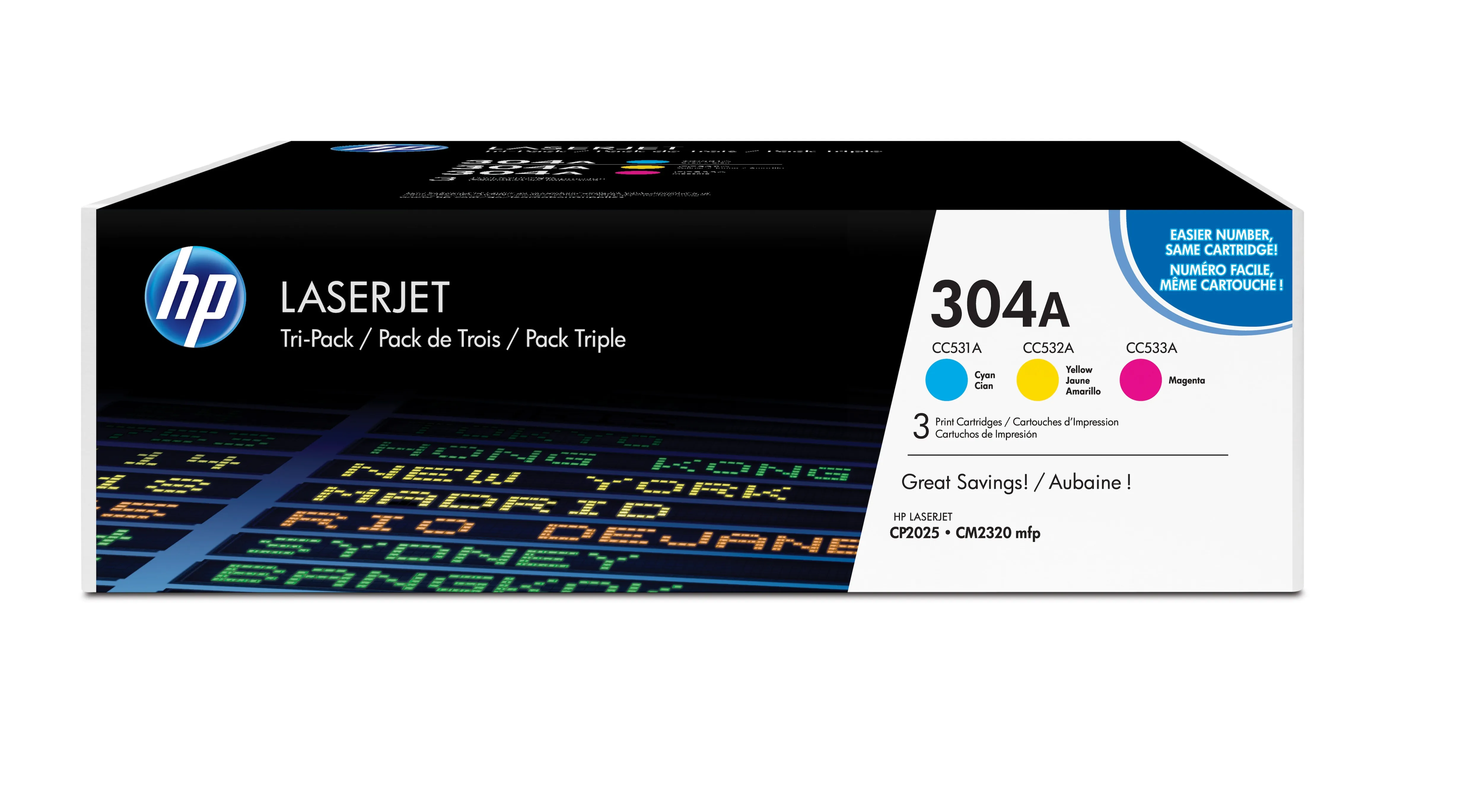 HP 304A Tri-pack - 3 pakettia - keltainen, sinivihre&auml;, magenta - alkuper&auml;inen - LaserJet - v&auml;riainekasetti (CF372AM) malleihin Color LaserJet CM2320fxi, CM2320n