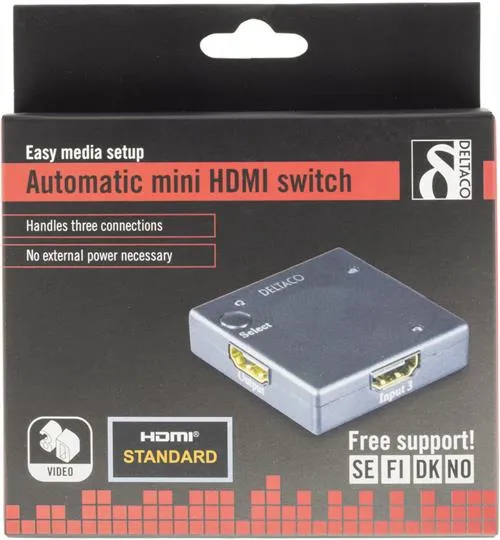 DELTACO HDMI-kytkin, automaattinen3 &gt; 1, 1080p, 3D, musta