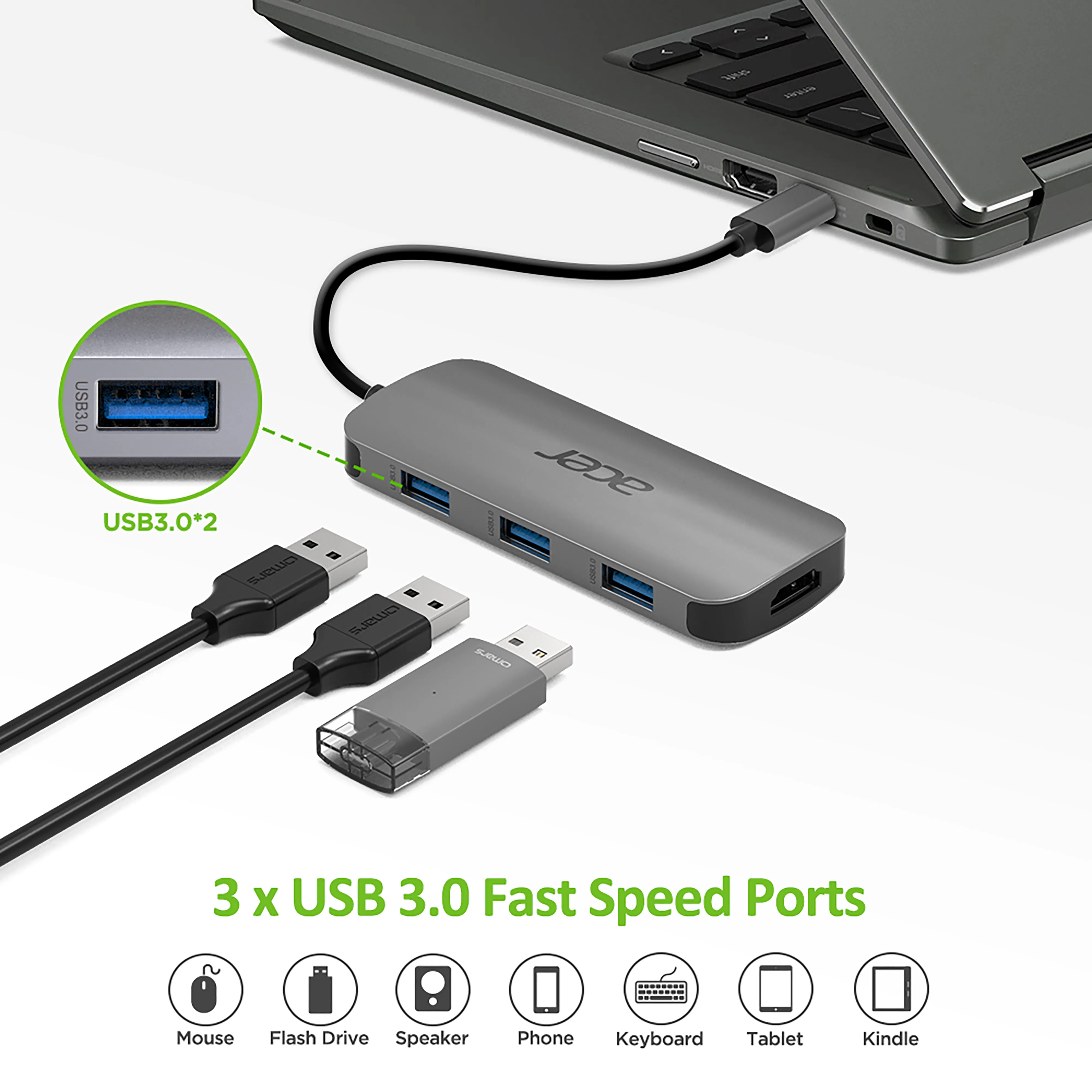 Acer 7-IN-1 TYPE-C DONGLE -&gt; 3xUSB3.0, HDMI, Type C PD, SD Card reader, TF Card reader