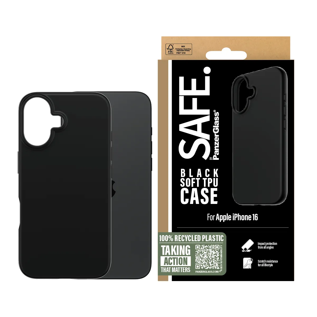 SAFE. by PanzerGlass iPhone 16 Case, Transparent/Black