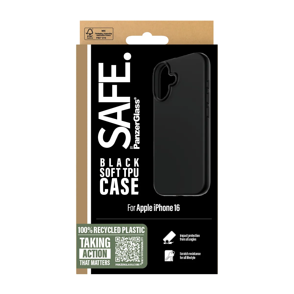 SAFE. by PanzerGlass iPhone 16 Case, Transparent/Black