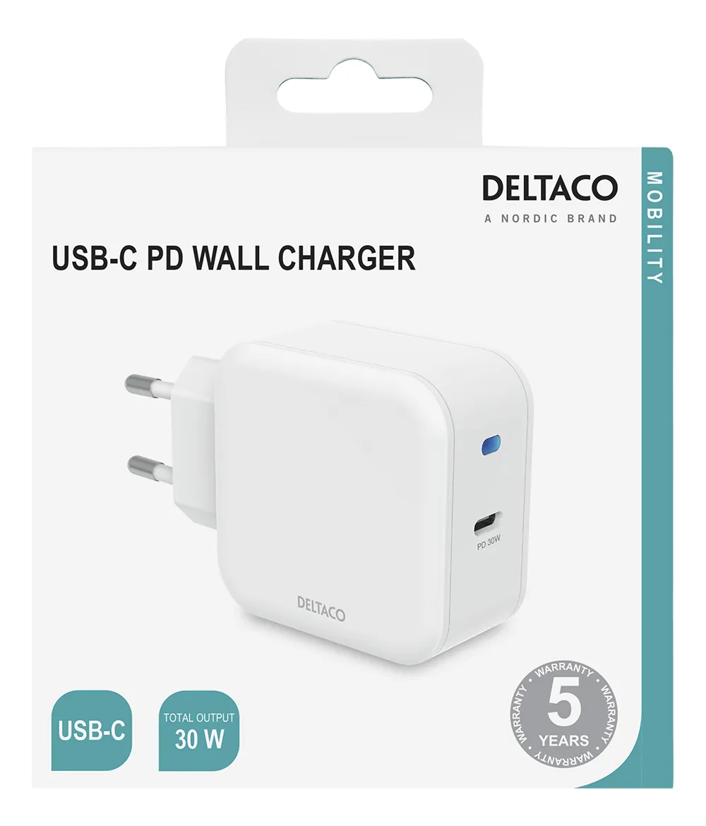 DELTACO USB wall charger, 1x USB-C PD, 30 W, white