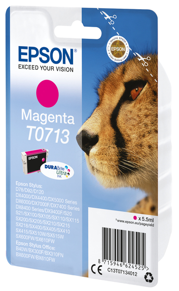Epson T0713 - 5.5 ml - magenta - alkuper&auml;inen - blister RF-h&auml;lyttimell&auml; - mustepatruuna malleihin Stylus DX9400, SX115, SX210, SX215, SX218, SX415, SX515, SX610