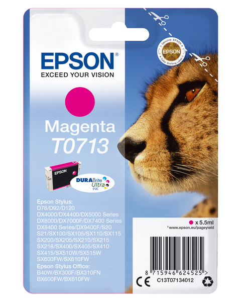 Epson T0713 - 5.5 ml - magenta - alkuper&auml;inen - blister RF-h&auml;lyttimell&auml; - mustepatruuna malleihin Stylus DX9400, SX115, SX210, SX215, SX218, SX415, SX515, SX610