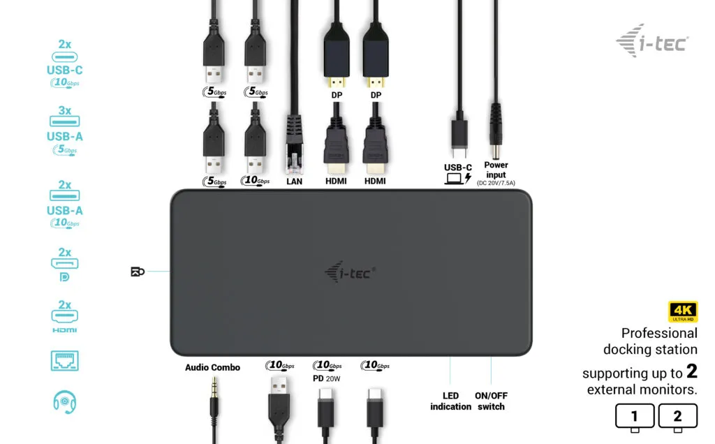 I-Tec 2xDP 2xHDMI 2xUSB-C 5xUSB-A GLAN 100W PD - docking station