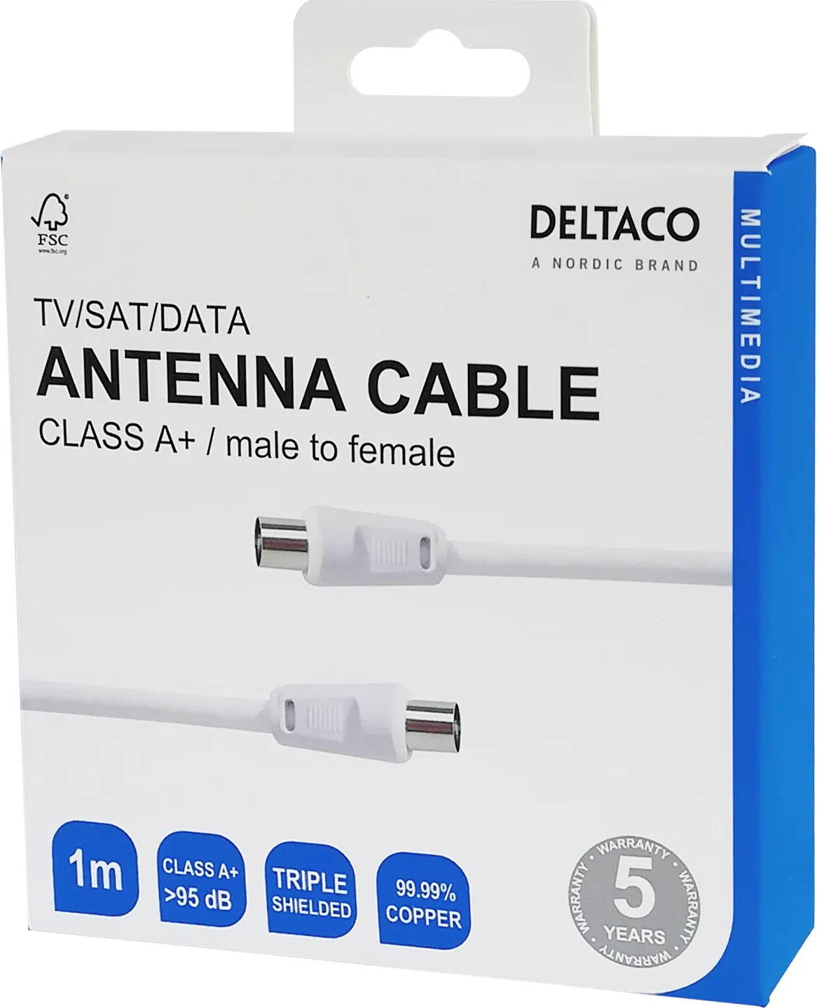 DELTACO IEC 169-2 hane - IEC 169-2 hona 1 meter - Antennkoaxialkabel, vit