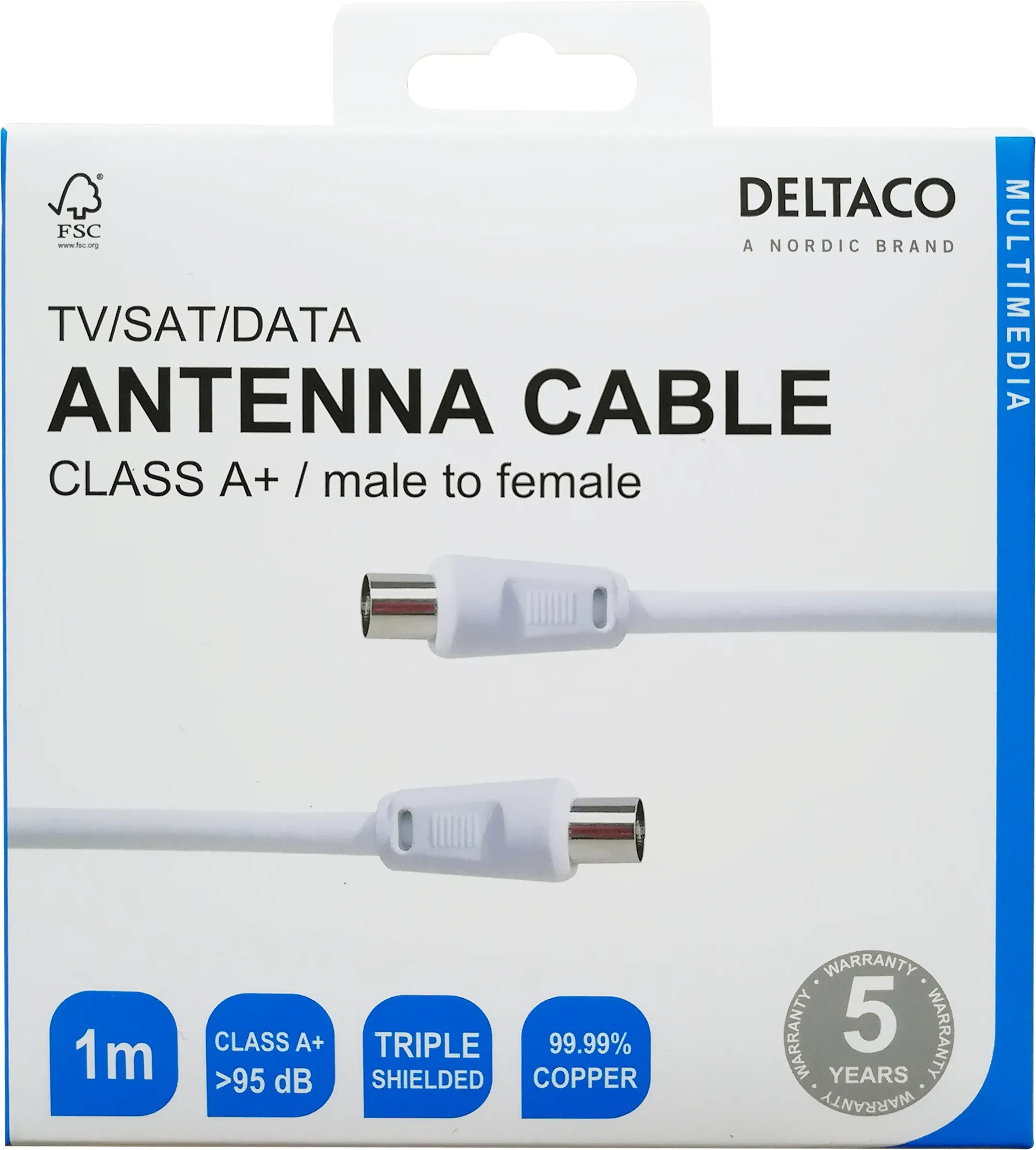 DELTACO IEC 169-2 hane - IEC 169-2 hona 1 meter - Antennkoaxialkabel, vit