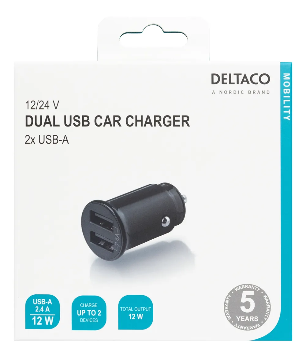 DELTACO 12/24 V USB-billadare med kompakt storlek och dubbla USB-A por