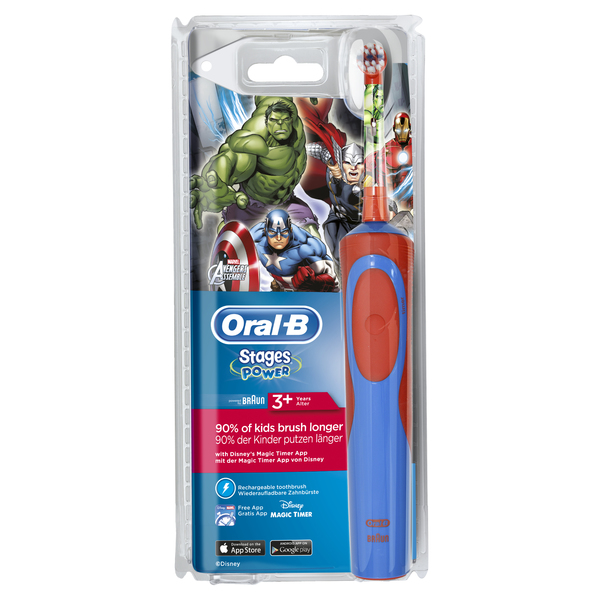 *BRAUN S&Auml;HK&Ouml;HAMMASHARJA ORAL-B VITALITY KIDS AVENGERS. Ladattava lasten s&auml;hk&ouml;hammasharja. 2 min ajastin. Perusteellinen syv&auml;puhdistus. Kompakti laturi. Blister