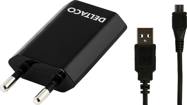DELTACO virtasovitin 230V AC - 5V USB 1A, jossa 2m USB micro B, musta