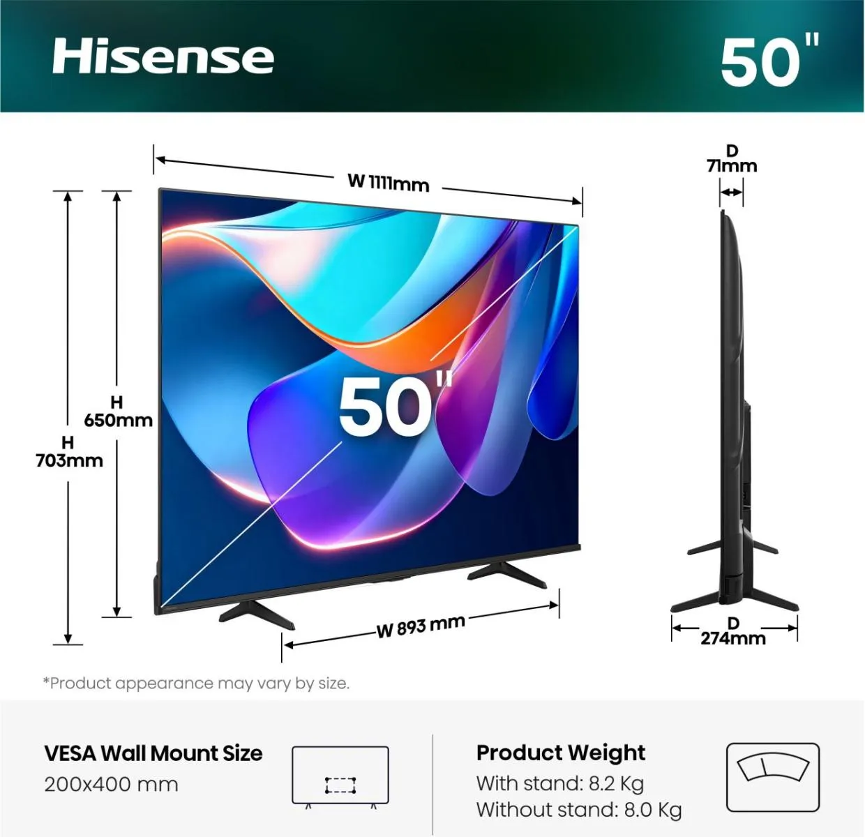 Hisense A6S 50" 4K DLED VIDAA TV, 60 Hz, HDR10, HDR10+, HLG, Dolby Vision