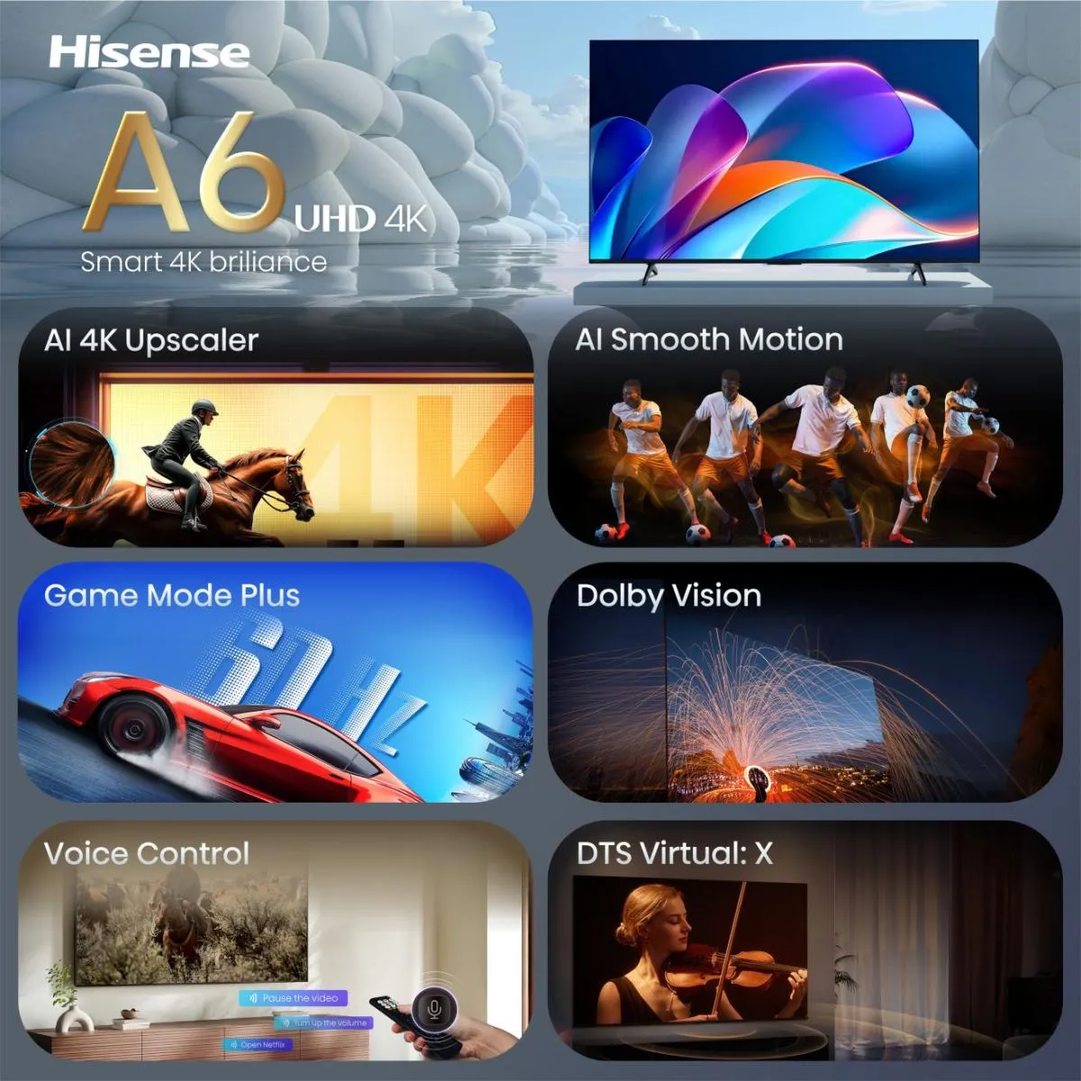 Hisense A6S 50" 4K DLED VIDAA TV, 60 Hz, HDR10, HDR10+, HLG, Dolby Vision