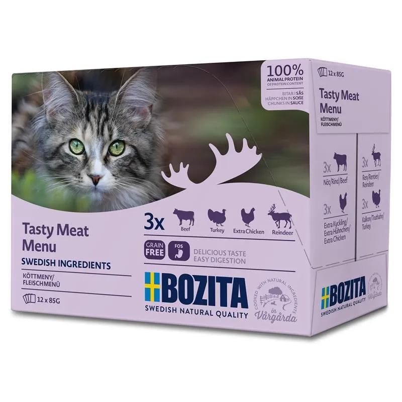 Bozita Tasty Meat Menu in Sauce, V&aring;tfoder f&ouml;r katt, Adult, 12 x 85 g