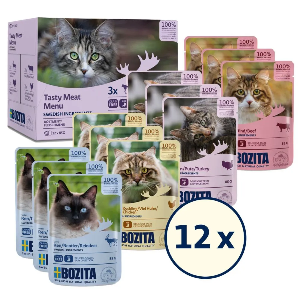Bozita Tasty Meat Menu in Sauce, V&aring;tfoder f&ouml;r katt, Adult, 12 x 85 g