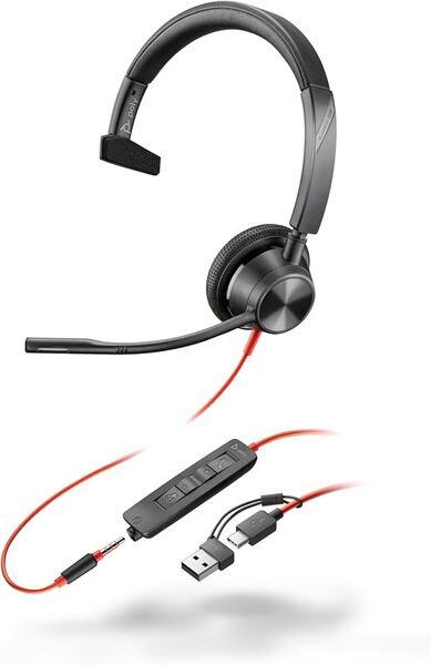 HP Poly Blackwire 3315 Mono Headset with 3.5 mm Plug and USB-C to USB-A Adapter, Black