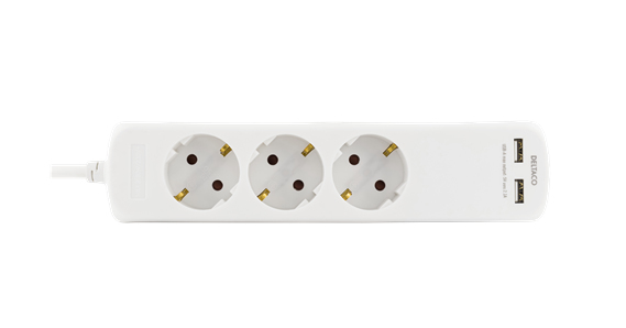 Deltaco GT-160D 2xUSB, 3 outlets Power Strip, 3m, White