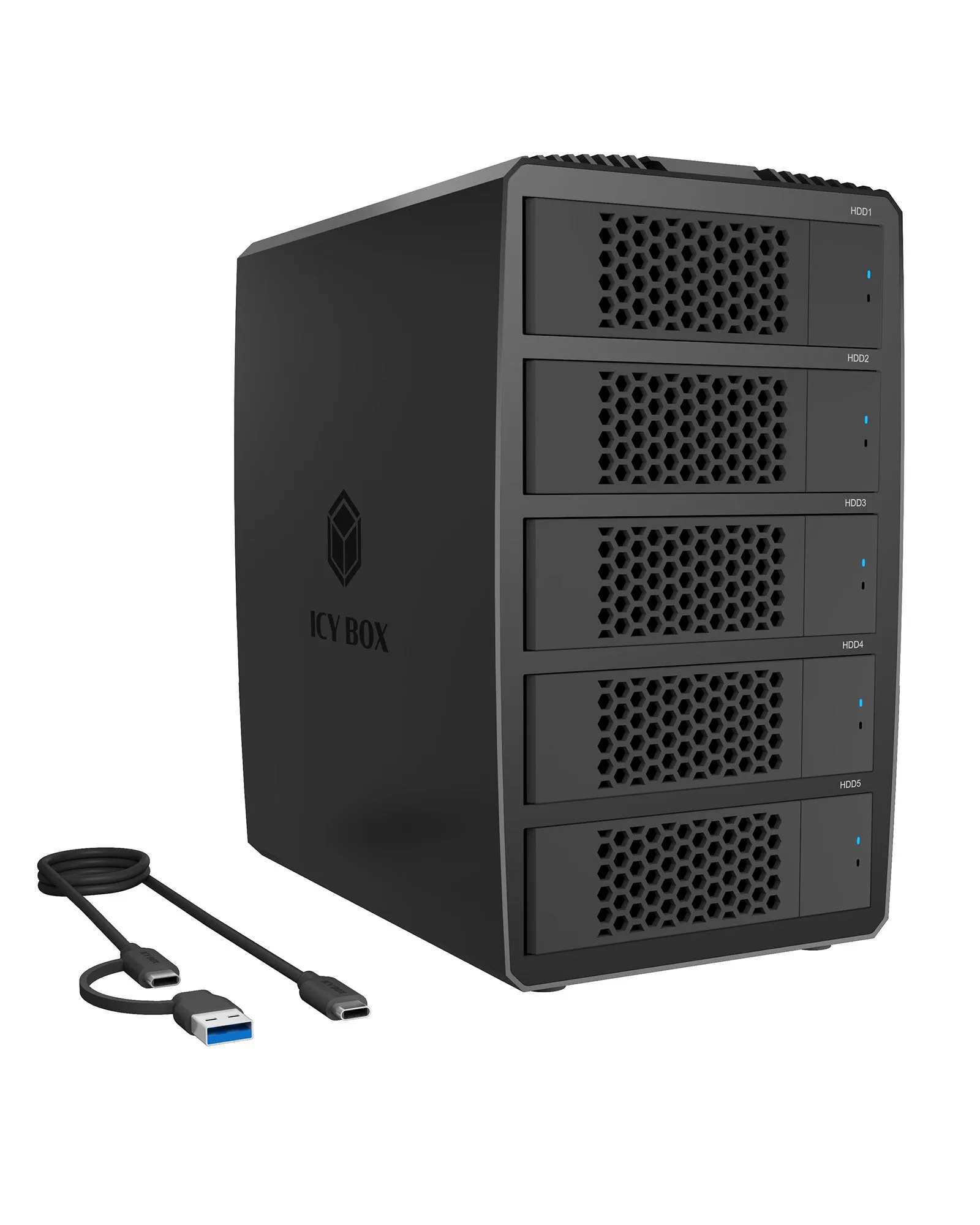ICY BOX IB-RD3705-CU3 RAID Enclosure, 2.5" / 3.5", 5-Bay, USB 3.2 Gen 1, Hot-Swap, RAID 0/1/3/5, Black