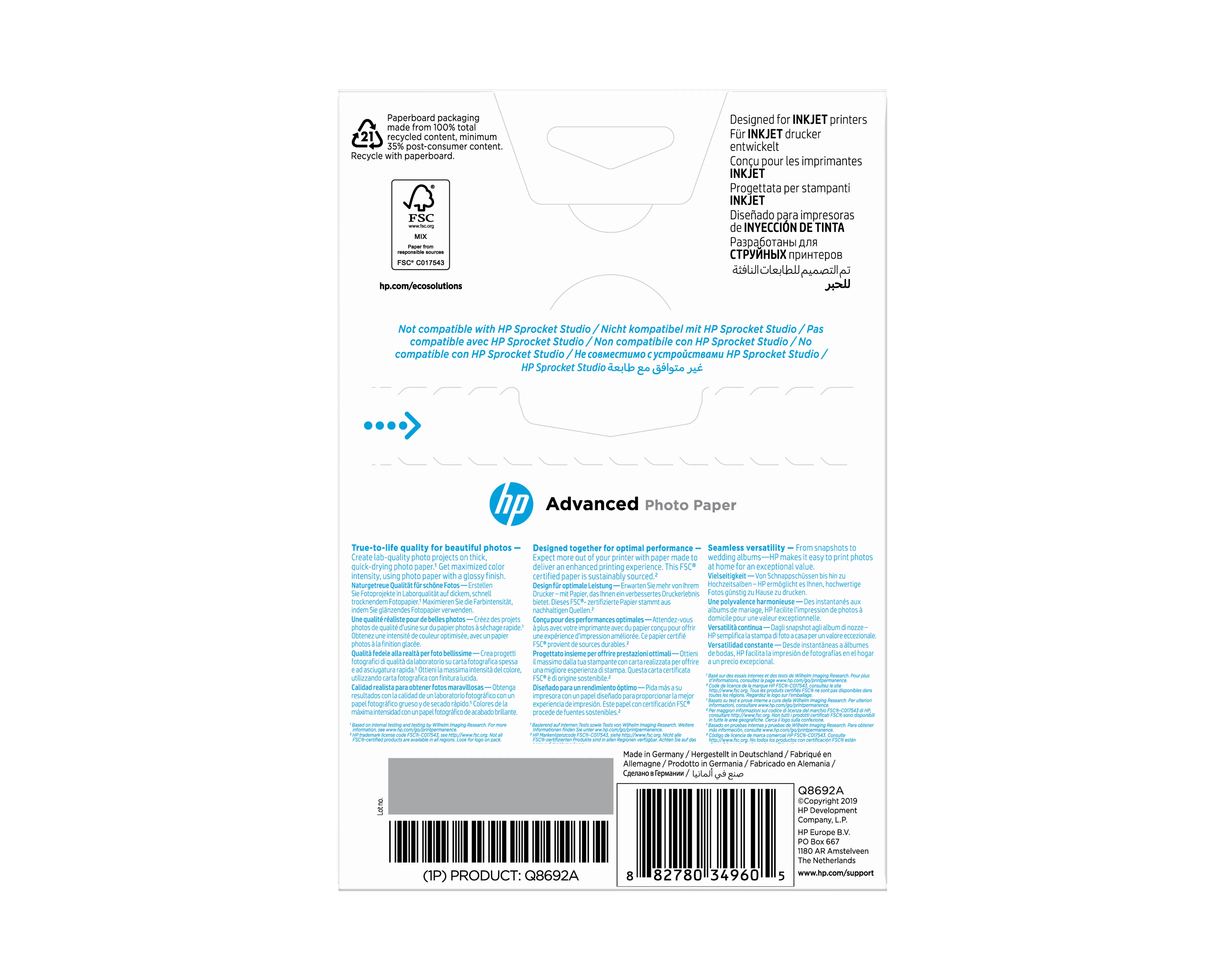 HP Advanced Photo paper glossy 100sheet 10x15 cm borderless 250g/m2