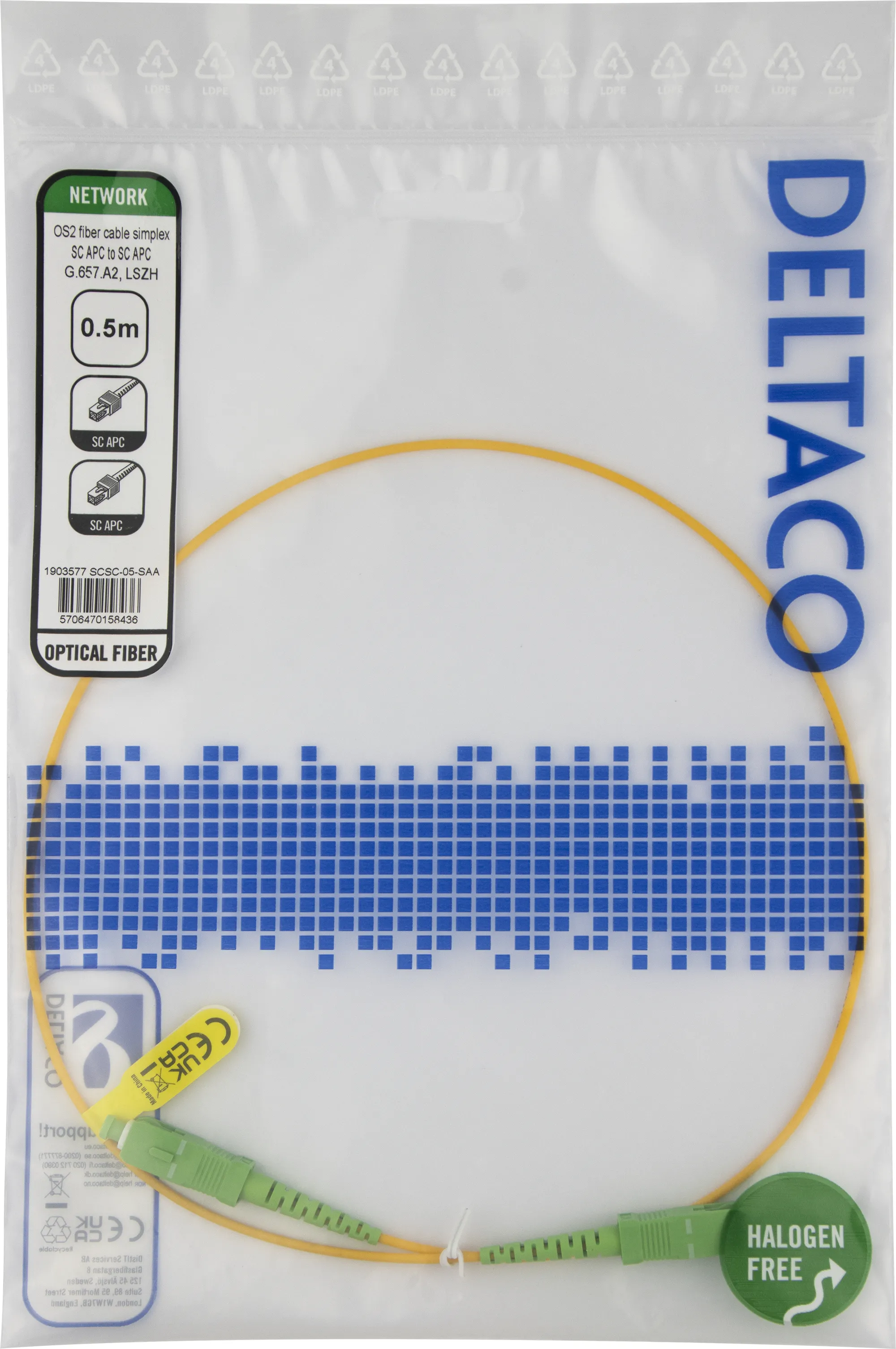 Deltaco OS2 LSZH SC-SC 0.5m -valokuitukaapeli, keltainen
