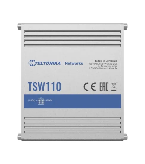Teltonika TSW110 - 5-porttinen hallitsematon teollisuusk&auml;ytt&ouml;&ouml;n tarkoitettu Gigabit Ethernet -kytkin, Sininen, Harmaa