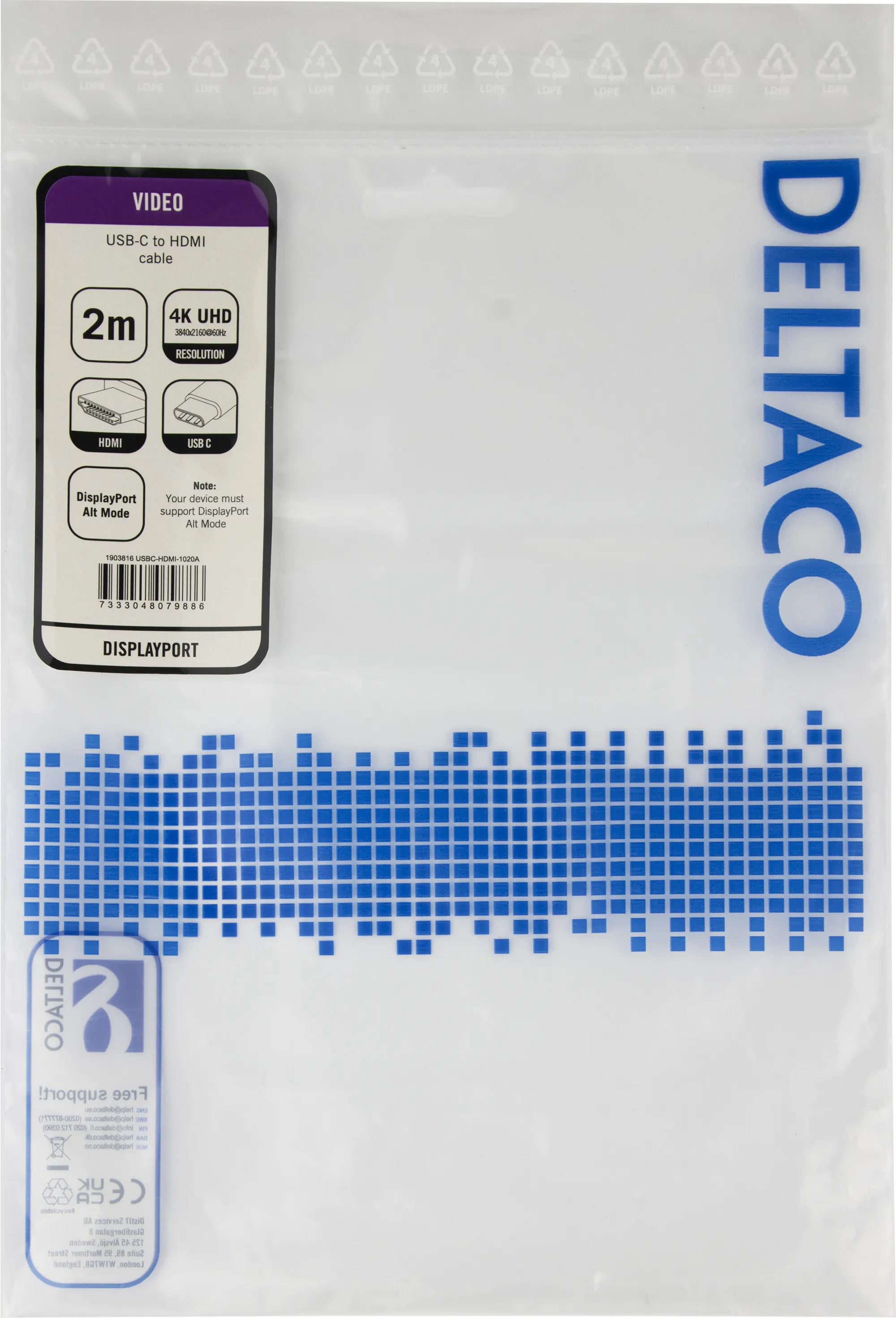 Deltaco USB-C to HDMI cable, 2 m, White