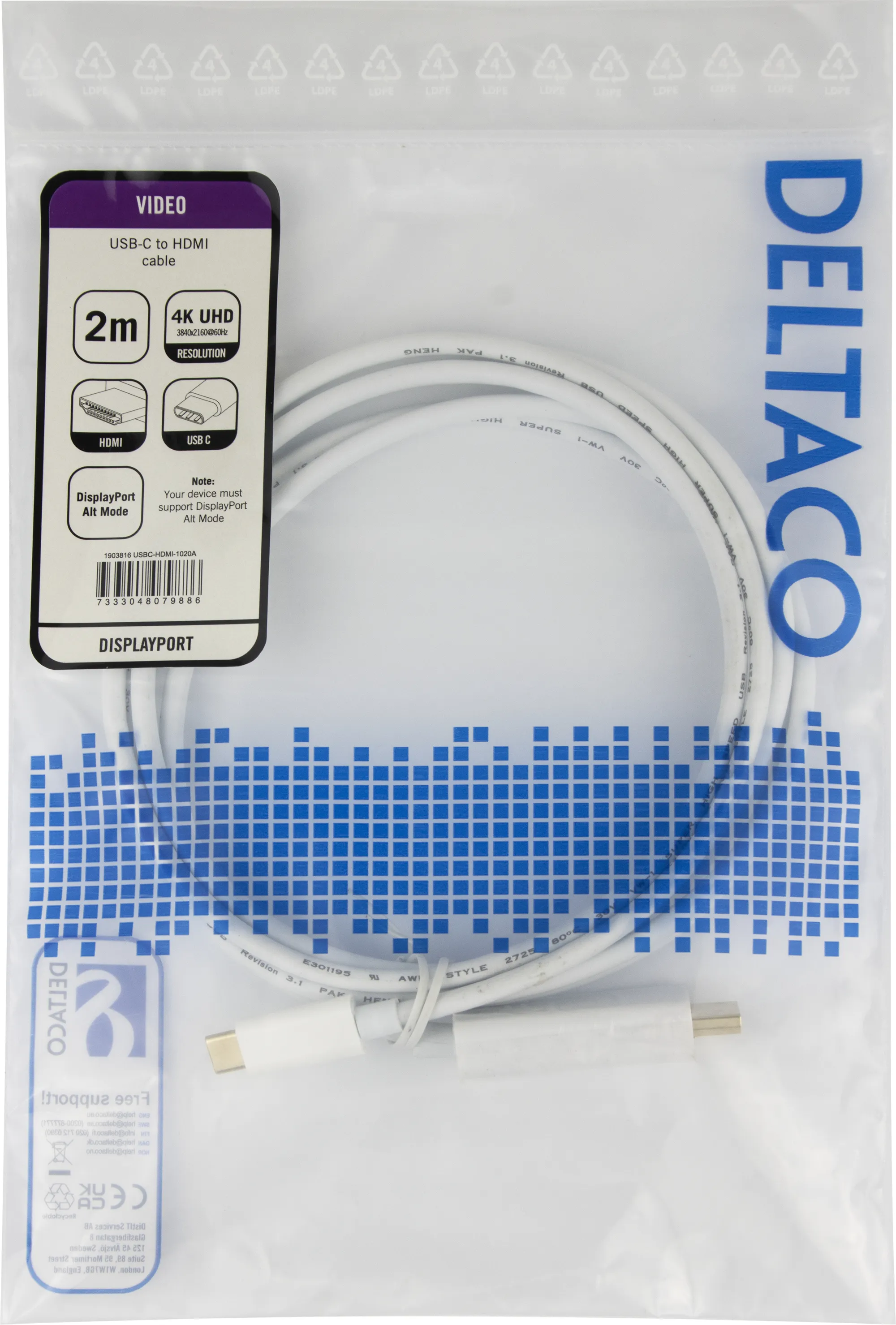 Deltaco USB-C to HDMI cable, 2 m, White