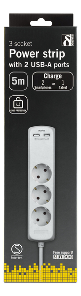 Deltaco GT-160D 2xUSB, 3-kontakter grenuttag, 3m, Vit
