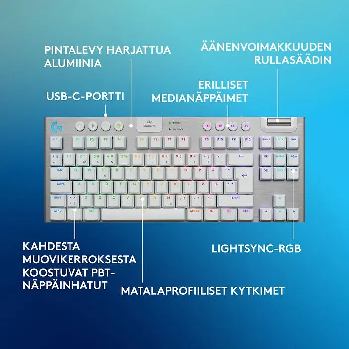 Logitech G915 X LIGHTSPEED TKL Low Profile, Tactile -langaton pelin&auml;pp&auml;imist&ouml;, valkoinen
