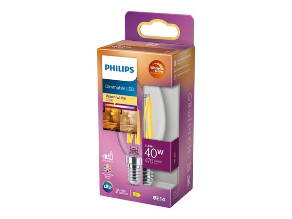 Philips LED-kynttil&auml;lamppu E14 3,4W (40W) 470lm Himmennett&auml;v&auml; WarmGlow Kirkas