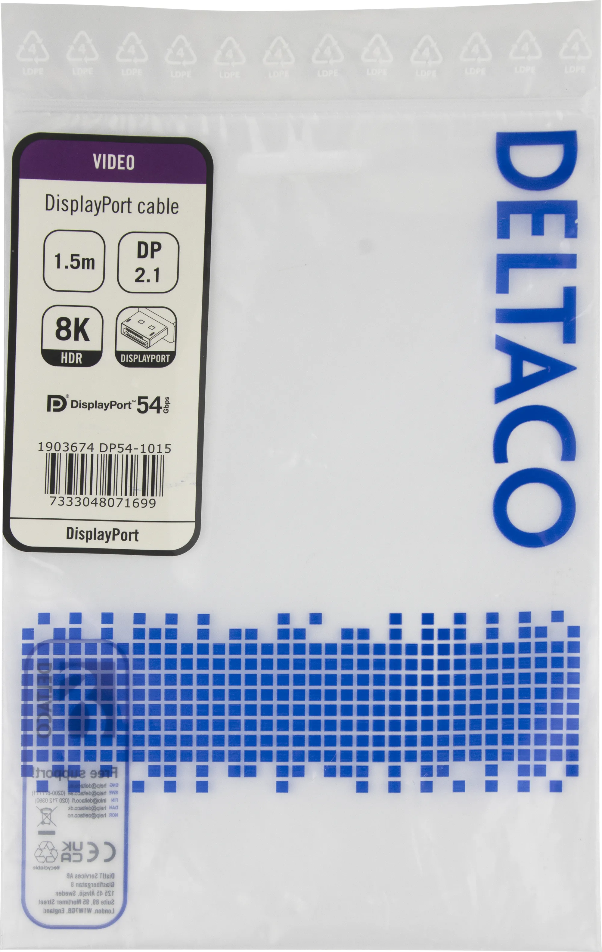 Deltaco DP54 DisplayPort 2.1a -kaapeli, jossa 8K, 1,5 m, musta