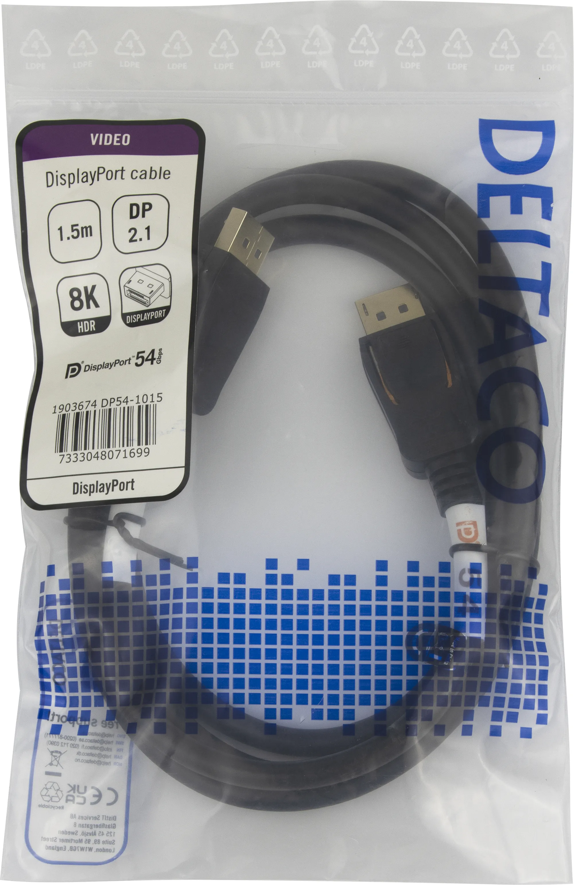 Deltaco DP54 DisplayPort 2.1a -kaapeli, jossa 8K, 1,5 m, musta